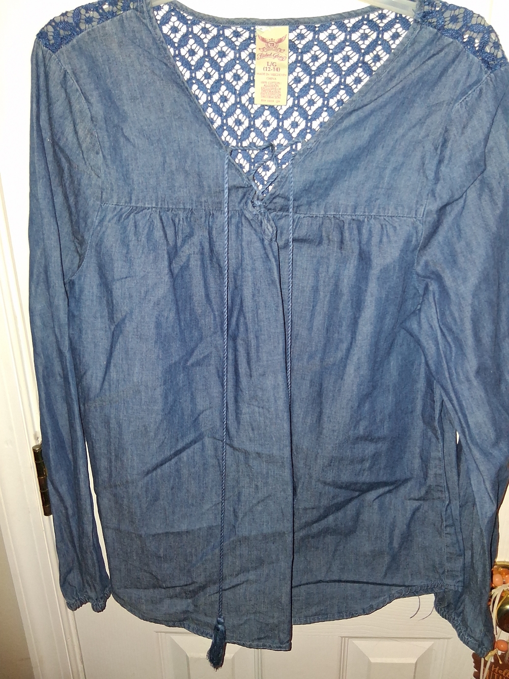 Faded Glory Indigo Chambray Crochet Yoke Peasant Top